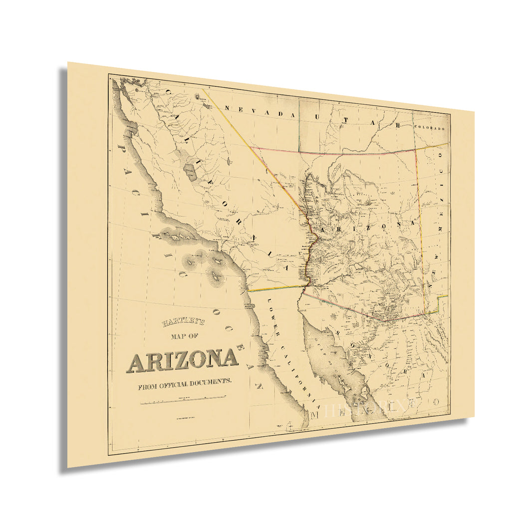 Digitally Restored and Enhanced 1865 Arizona Map Poster - Vintage Arizona Map - Old Map of Arizona Wall Art - Historic Arizona Map - Hartley's Arizona State Map from Official Documents