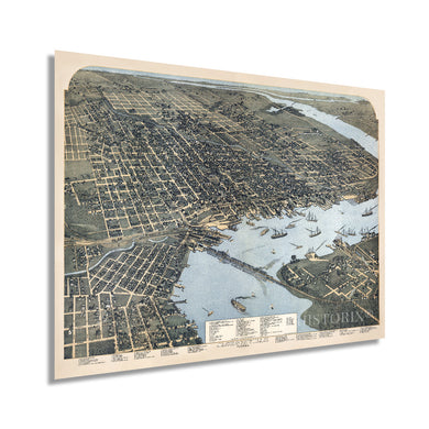 Digitally Restored and Enhanced 1893 Jacksonville Florida Map - Jacksonville Map Wall Art - Old Jacksonville FL Map - Bird's Eye View Vintage Map of Jacksonville Florida with Points of Interest 