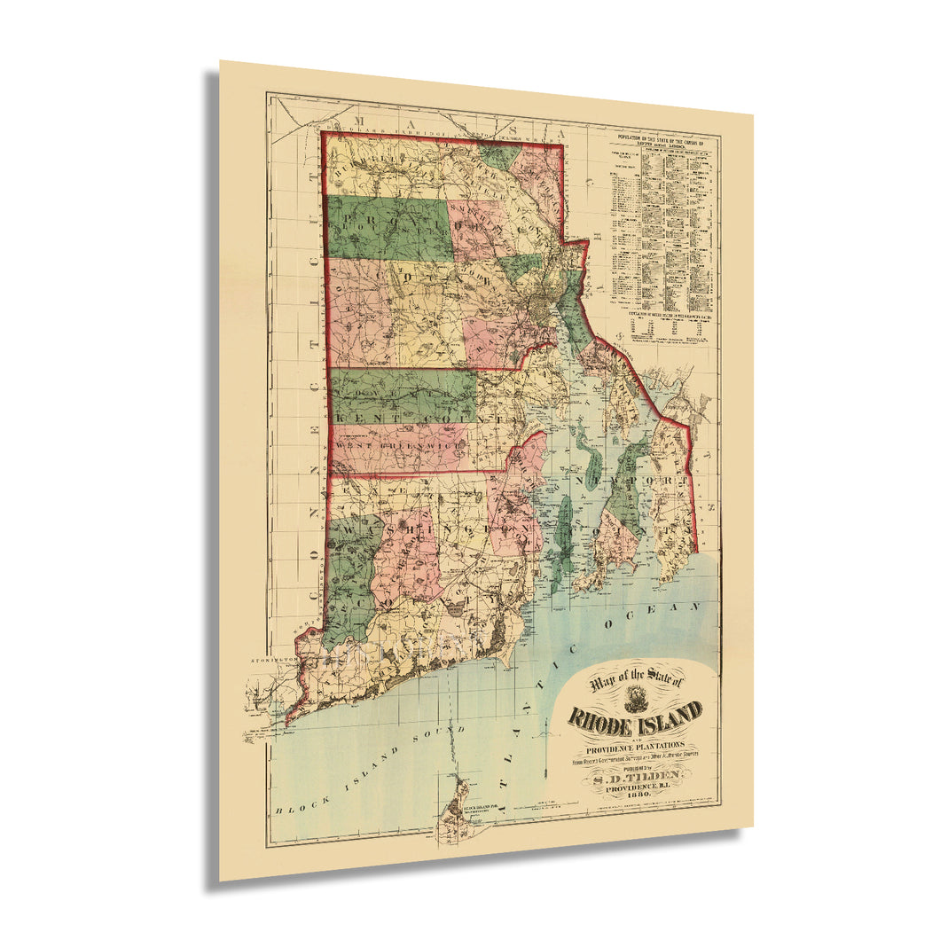 Digitally Restored and Enhanced 1880 Rhode Island State Map - Vintage Map of Rhode Island Wall Art Decor - Map of Rhode Island and Providence Plantations Poster with 1875 1880 Population Census