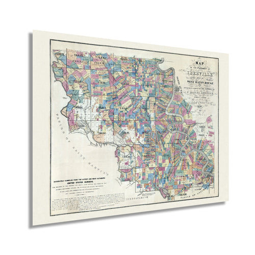 Digitally Restored and Enhanced 1883 West Baton Rouge Louisiana Map - Old West Baton Rouge Map Wall Art - Map of Baton Rouge LA Shows Parish of Iberville St. Martins Ascension and Pointe Coupee