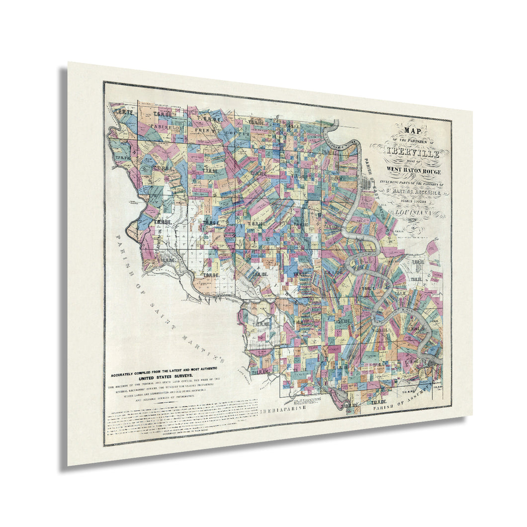 Digitally Restored and Enhanced 1883 West Baton Rouge Louisiana Map - Old West Baton Rouge Map Wall Art - Map of Baton Rouge LA Shows Parish of Iberville St. Martins Ascension and Pointe Coupee