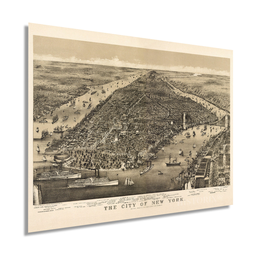 Digitally Restored and Enhanced 1886 Map of New York City Poster - NYC Vintage Map Wall Art - Panoramic Birds Eye View of New York City Map Art - New York City Map Print - NYC Vintage Poster