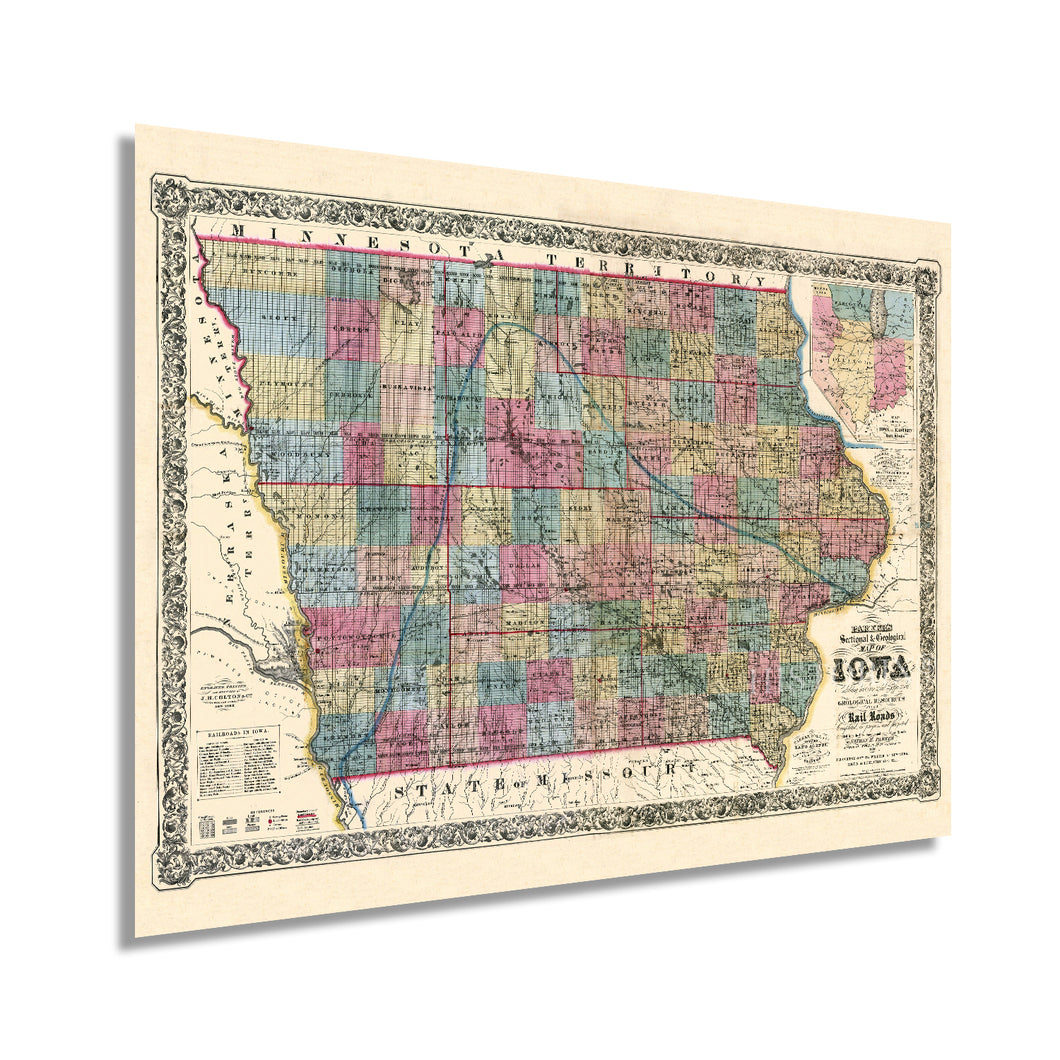 Digitally Restored and Enhanced 1856 Iowa State Map Poster - Vintage Map of Iowa Wall Art Print - Exhibiting Iron Lead Copper Coal Rail Roads and Other Geological Resources - Iowa Wall Decor