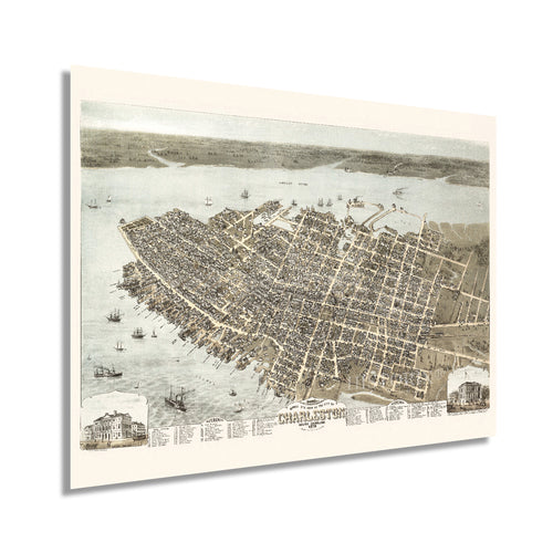 Digitally Restored and Enhanced 1872 Charleston SC Map - Vintage Map of Charleston South Carolina Wall Art - Old Charleston Map Print - Charleston SC Poster - Birds Eye View Map of C