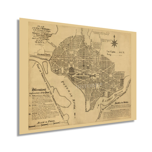 Digitally Restored and Enhanced 1792 Washington DC Map Print - Vintage Plan of the City of Washington Territory of Columbia - Old Washington DC Wall Art