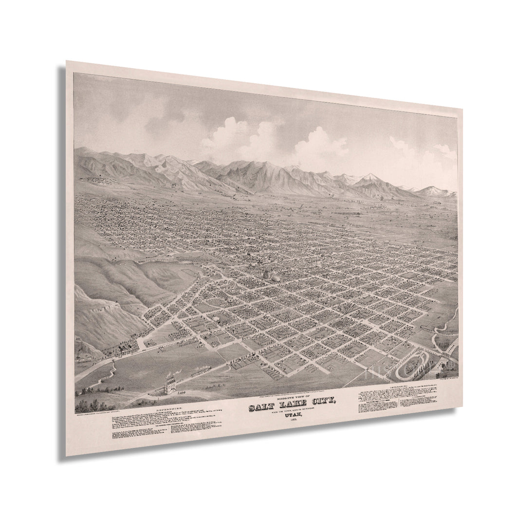 1875 Salt Lake City Utah Map Poster - Vintage Map of Salt Lake City Wall Art - Vista panorámica de Salt City City desde el norte mirando hacia el sureste Poster Print