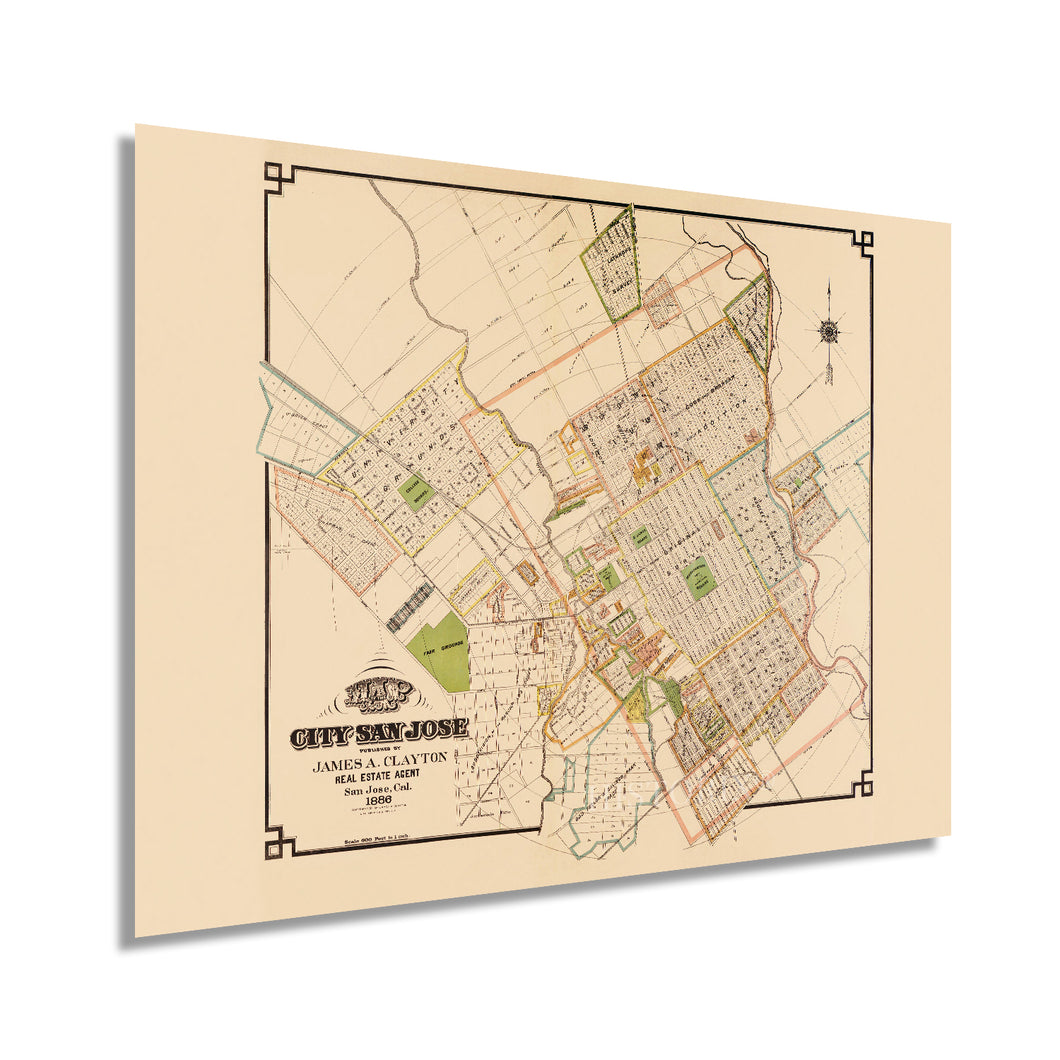 Digitally Restored and Enhanced 1886 San Jose California Map - Vintage San Jose Wall Art - Old San Jose Map - Historic City of San Jose Poster - Restored Map of San Jose CA Showing Drainage Roads Blocks