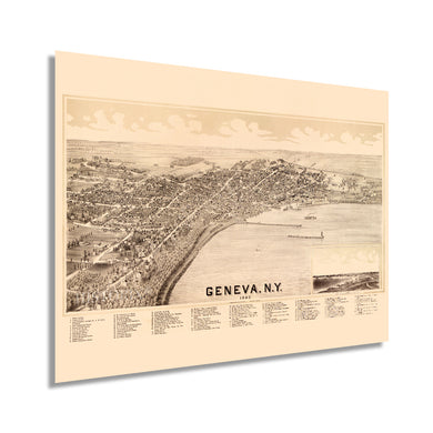 Digitally Restored and Enhanced 1893 Geneva New York Poster Map - Vintage Map of Geneva Wall Art - Old Geneva New York Map - Aerial View of Geneva NY Showing Index to Points of Interest