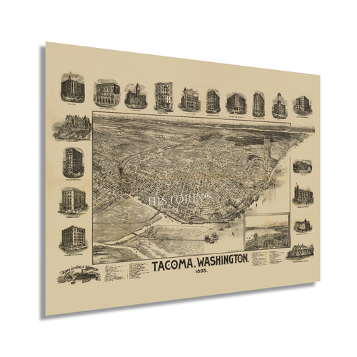 Digitally Restored and Enhanced 1893 Tacoma Washington Map Poster - Vintage Map of Puget Sound - Old Washington State Map Poster - Historic Pierce County Map - Bird's Eye View of Tacoma Wall Art