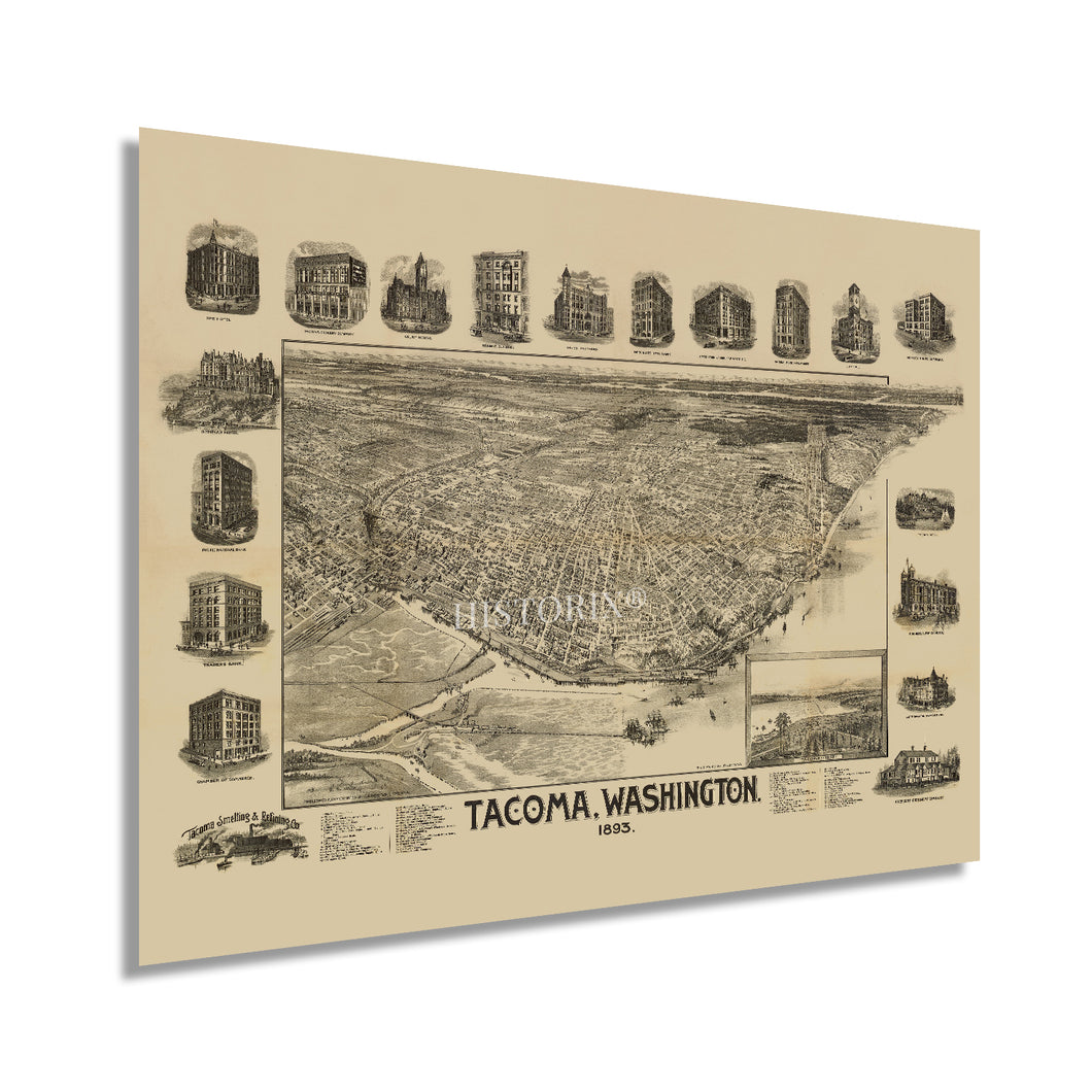 Digitally Restored and Enhanced 1893 Tacoma Washington Map Poster - Vintage Map of Puget Sound - Old Washington State Map Poster - Historic Pierce County Map - Bird's Eye View of Tacoma Wall Art