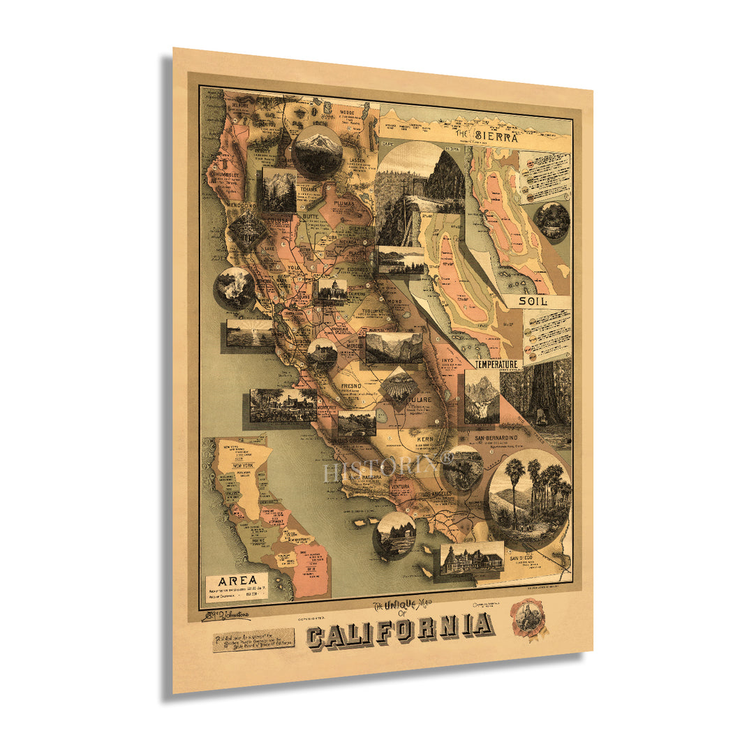 Digitally Restored and Enhanced 1888 California Map Poster - Vintage Map of California Wall Art - State of California Wall Map with Area Temperature Soil