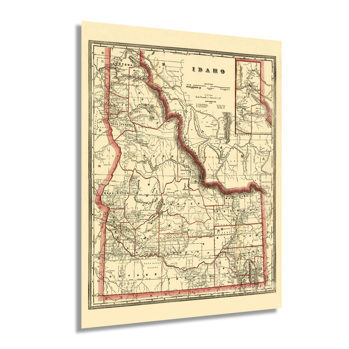 1896 Township & Railroad Map of Idaho State Wall Art Print – Historic ...