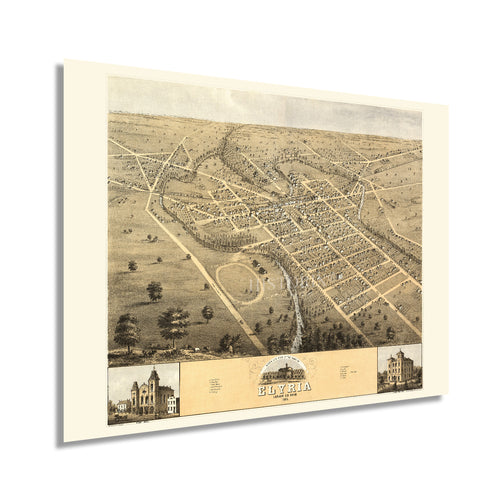 Digitally Restored and Enhanced 1868 Elyria Ohio Map Poster - Vintage Map of Elyria Wall Art - Old Bird's Eye View of Elyria Lorain County Ohio Wall Map