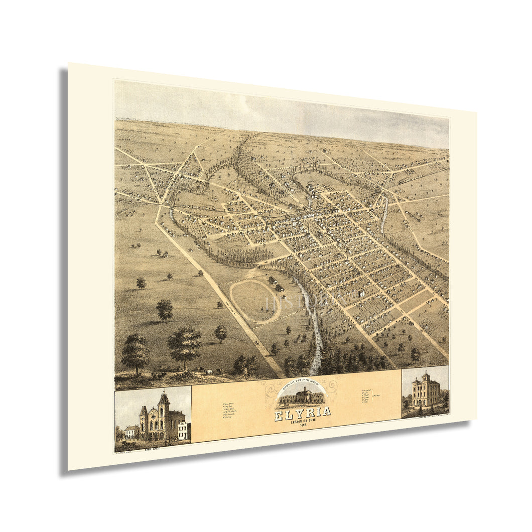 Digitally Restored and Enhanced 1868 Elyria Ohio Map Poster - Vintage Map of Elyria Wall Art - Old Bird's Eye View of Elyria Lorain County Ohio Wall Map