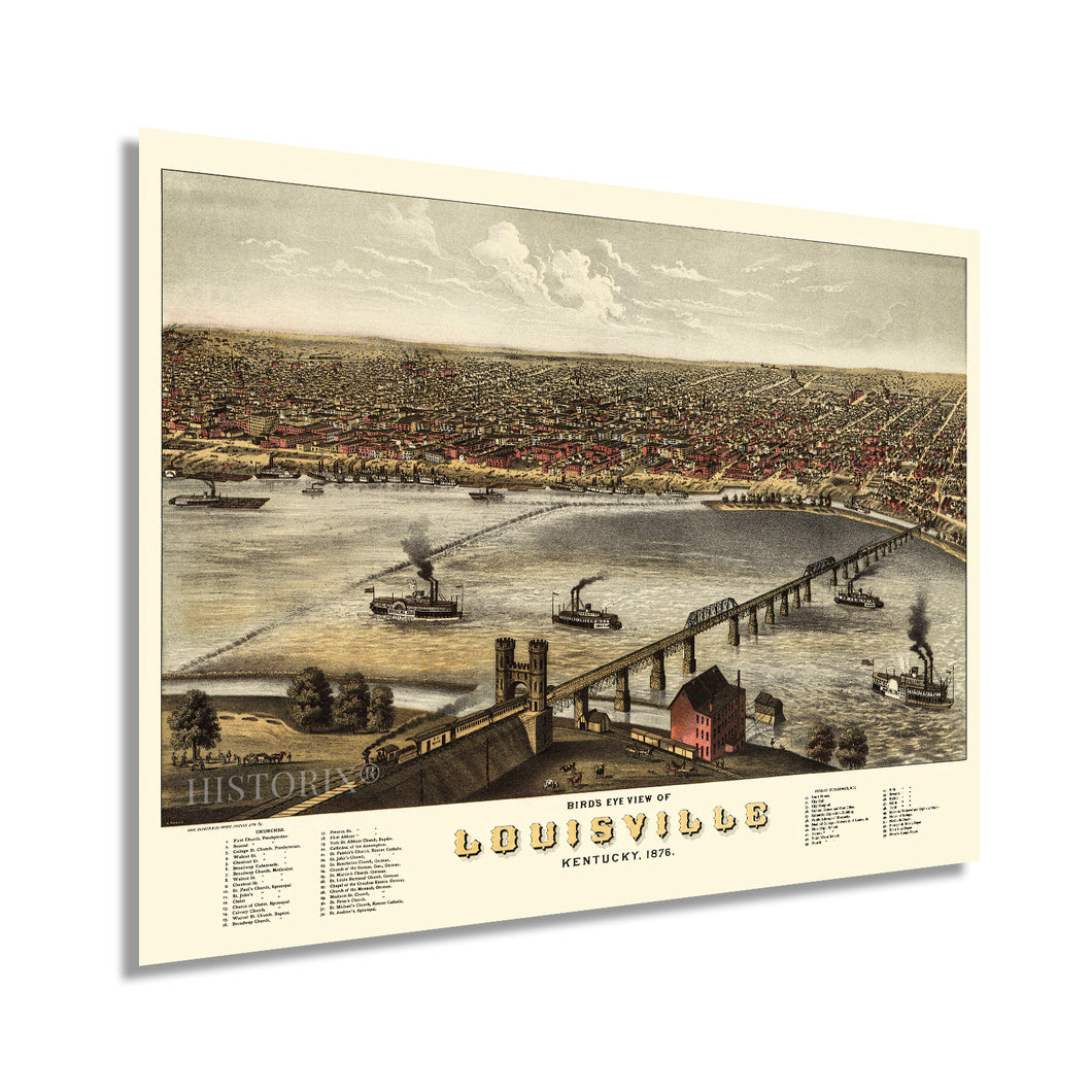Digitally Restored and Enhanced 1876 Louisville Kentucky Map - Vintage Louisville Wall Art - Old Louisville KY Map - Historic Louisville Poster - Bird's Eye View Map of Louisville KY