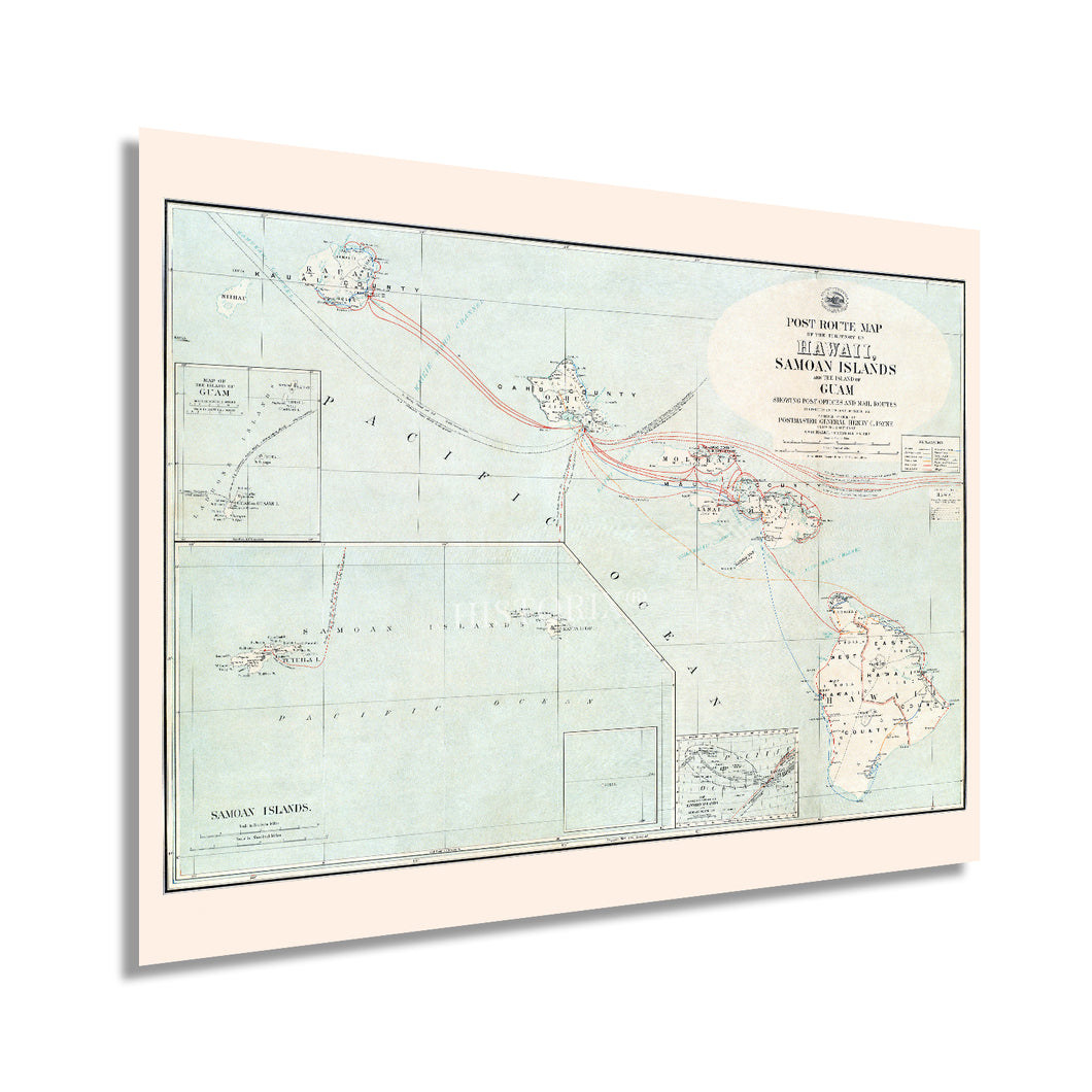 Digitally Restored and Enhanced 1903 Hawaii Samoan Islands & Guam Map - Post Route Map of the Territory of Hawaii Samoa Islands & Island of Guam Wall Art