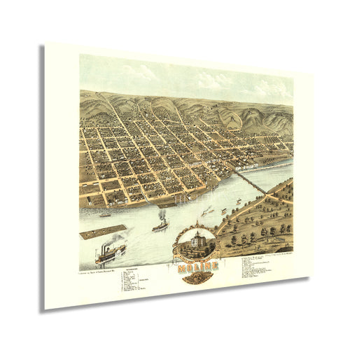 Digitally Restored and Enhanced 1869 Moline Illinois Map Poster - Moline Rock Island County Illinois Poster - Old Bird's Eye View Map of Moline Wall Art