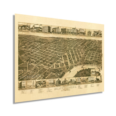 Digitally Restored and Enhanced 1887 Montgomery Alabama Map Poster - Vintage Perspective Map of Montgomery Wall Art - Old Montgomery Alabama Map - Historic Birds Eye View of Montgomery Poster