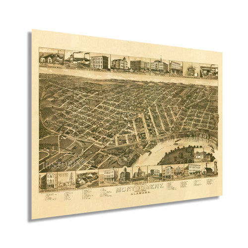 Digitally Restored and Enhanced 1887 Montgomery Alabama Map Poster - Vintage Perspective Map of Montgomery Wall Art - Old Montgomery Alabama Map - Historic Birds Eye View of Montgomery Poster