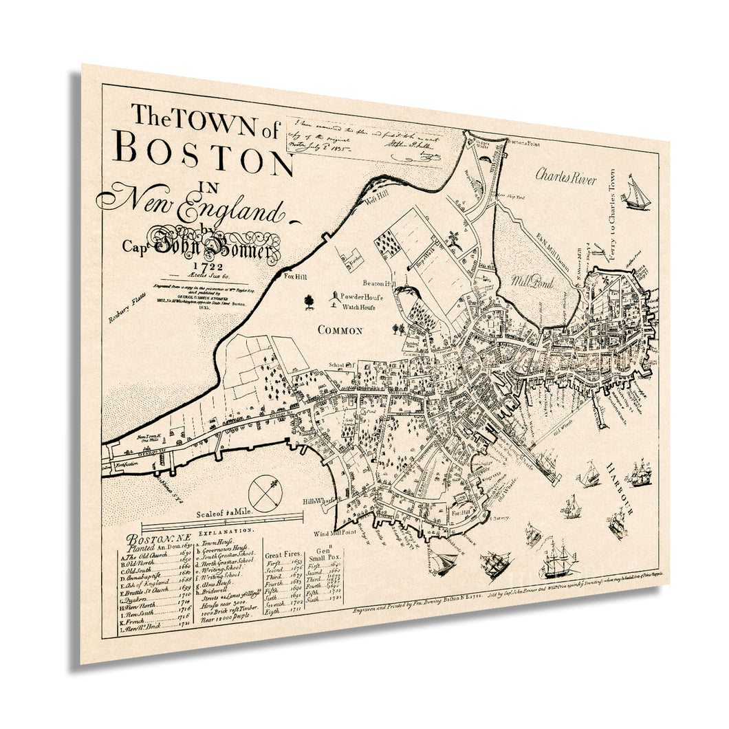 Digitally Restored and Enhanced 1722 Map of Boston Massachusetts - Vintage Map Wall Art of the Town of Boston in New England - Boston Map Poster - Boston Map Wall Art - Vintage Boston Poster