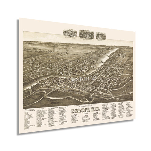 Digitally Restored and Enhanced 1890 Beloit Wisconsin Map - Perspective Map of Beloit Wisconsin Wall Art - Old Beloit Rock County Map of Wisconsin Poster