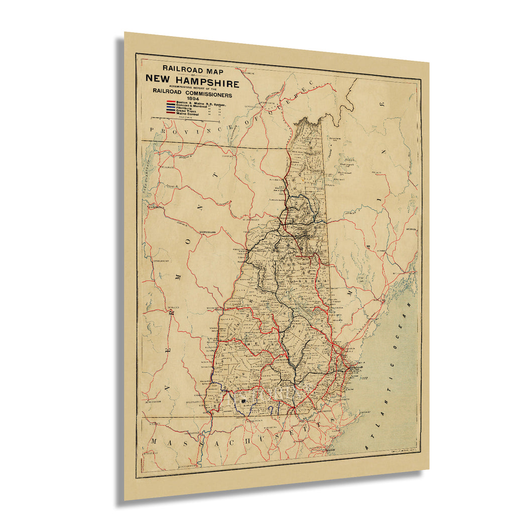 Digitally Restored and Enhanced 1894 New Hampshire Map - Vintage Map of New Hampshire Wall Art - Historic Railroad Map of New Hampshire Vintage Poster - Old New Hampshire Wall Decor