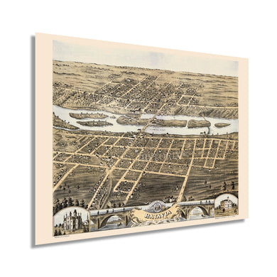 Digitally Restored and Enhanced 1869 Batavia Illinois Map - Old Map of Batavia IL Wall Art Poster - Batavia City Kane County State of Illinois Map History