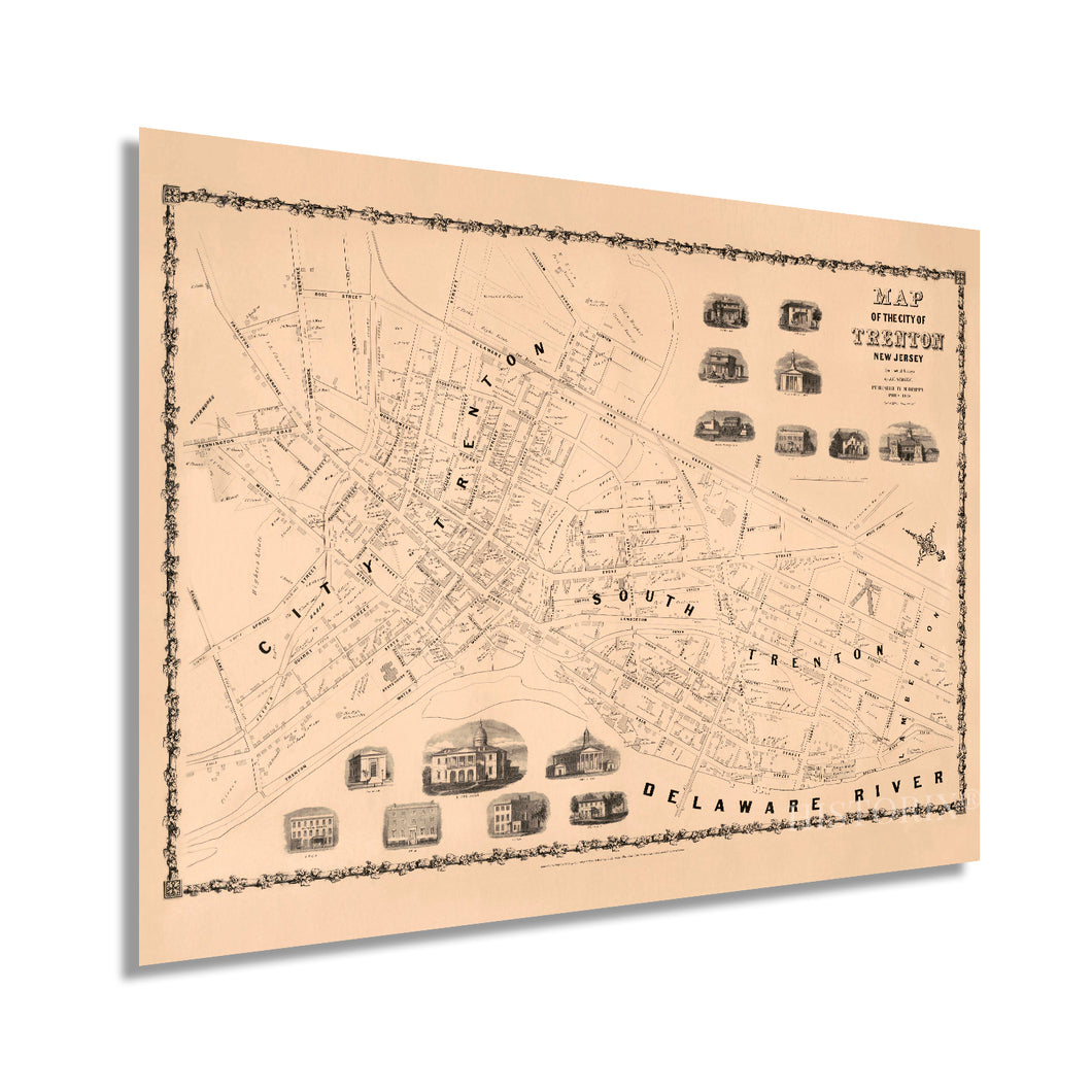 Digitally Restored and Enhanced 1849 Trenton New Jersey Map - Vintage Trenton New Jersey Wall Art - Trenton NJ Poster - Old Trenton New Jersey Map Showing Illustrations of Local Structures