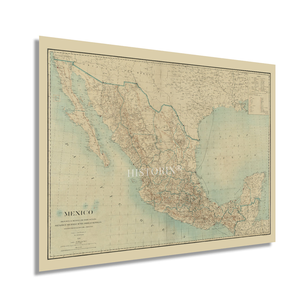 Cartel del mapa de México de 1900 - Arte de la pared del Mapa de México vintage - Mapa de la historia del cartel de México - Mapa de la pared de México antiguo 