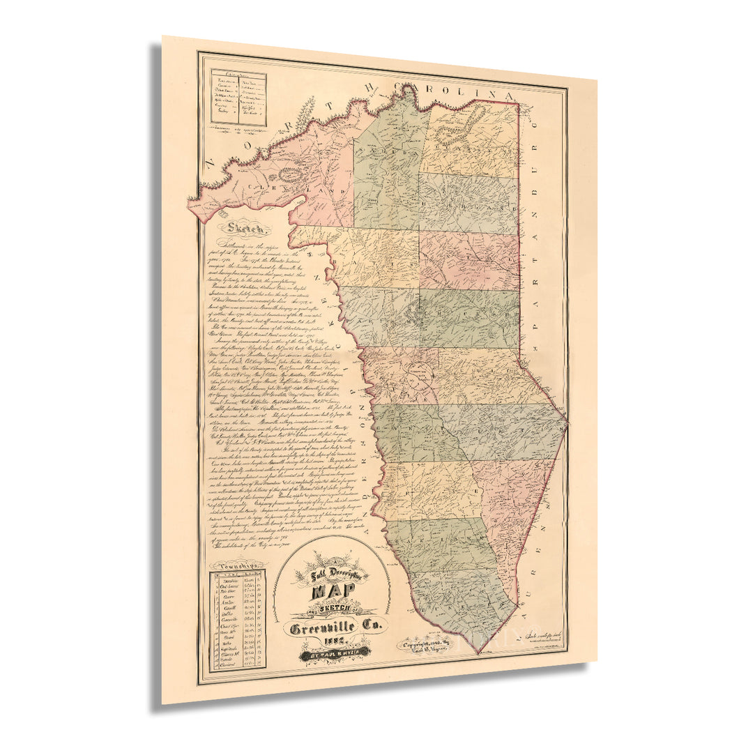 Digitally Restored and Enhanced 1882 Map of Greenville County South Carolina - Vintage Map of Greenville SC Wall Art - Shows Names of Landowners and Townships Greenville South Carolina
