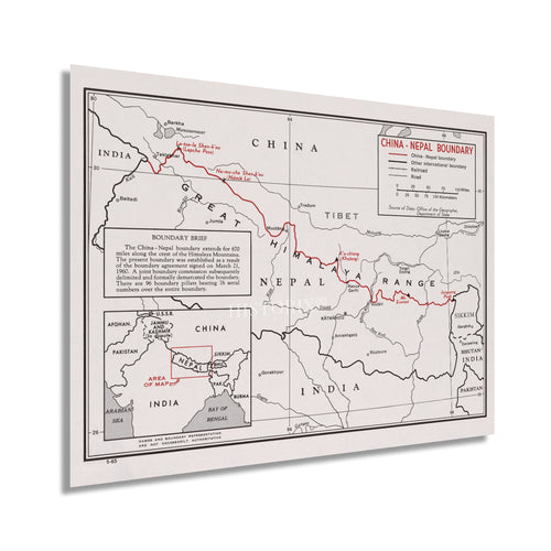 Digitally Restored and Enhanced 1968 China Nepal Boundary Map - Vintage Map of China & Nepal Wall Art - History Map of Tibet - Old China Nepal Map