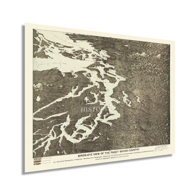 Digitally Restored and Enhanced 1891 Puget Sound Map Poster - Vintage Puget Sound Wall Art - Bird's Eye View Map of Puget Sound Washington - History Map of San Juan Island Whidbey Island Vashon Bainbridge