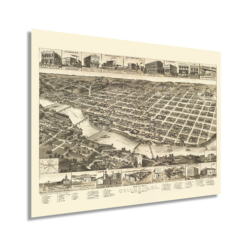 Digitally Restored and Enhanced 1886 Columbus Georgia Map - Vintage Columbus Georgia Wall Art - History Map of Columbus GA Poster - Perspective Bird's Eye View of Muscogee County Columbus GA Map Print