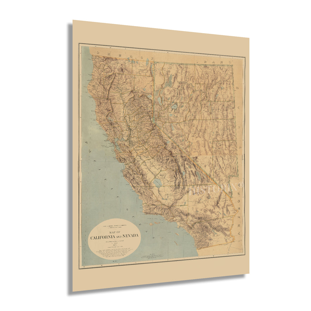 Digitally Restored and Enhanced 1874 California Nevada Map Poster - Vintage California Map Poster - Old Nevada Wall Art - California Wall Map History