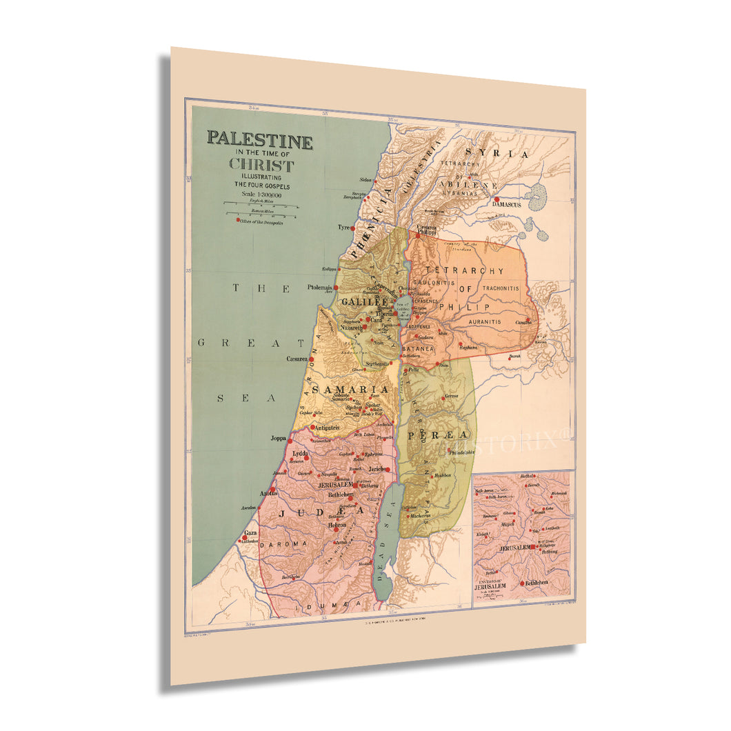 Digitally Restored and Enhanced 1916 Palestine Map in the Time of Christ - Biblical Map of Palestine Poster - Old Bible Timeline Map of Palestine Wall Art