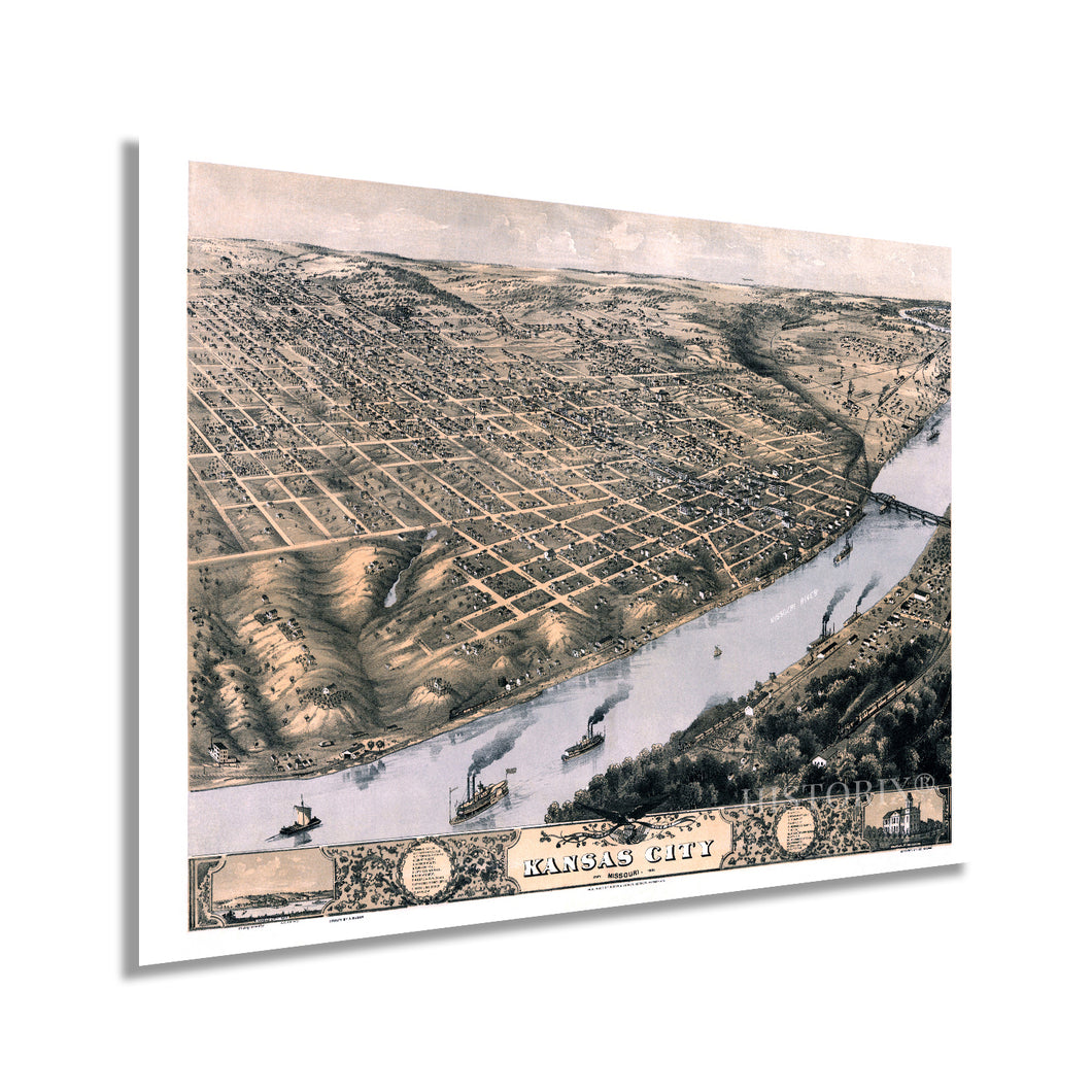 Digitally Restored and Enhanced 1869 Kansas City Missouri Map - Vintage Kansas City Map Art - Bird's Eye View Map of Kansas City Wall Art - Kansas City Wall Decor - Old Kansas City Poster