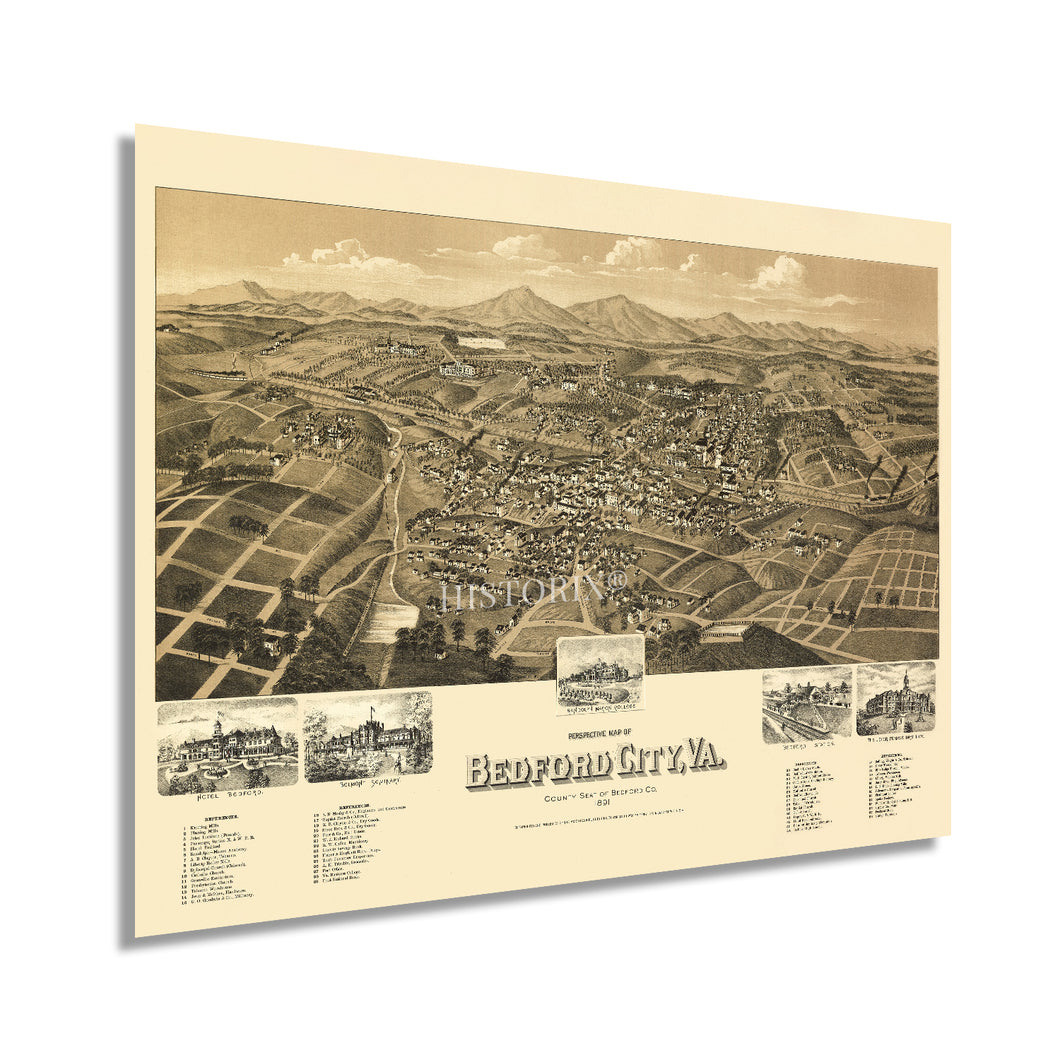 Digitally Restored and Enhanced 1891 Bedford City Map - Vintage Virginia Map Print - Historic Map of Bedford City Wall Art - Old Bedford County Virginia Map - Bird's Eye View of Bedford Virginia Wall Map