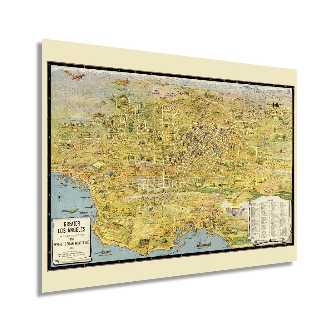 1932 Mapa de Los Ángeles California - Mapa antiguo de Los Ángeles - Mapa histórico de la ciudad de Los Ángeles - Gran Los Ángeles California Mapa Arte de la pared Póster 