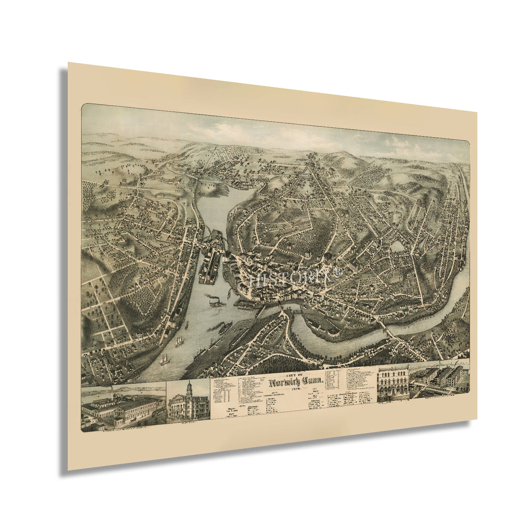 Digitally Restored and Enhanced 1876 Norwich Connecticut Map - City of Norwich Wall Art - History Map of Connecticut - Old Norwich New London CT Poster