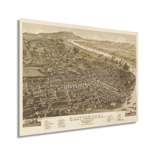 Digitally Restored and Enhanced 1886 Map of Chattanooga Tennessee - Vintage Chattanooga Hamilton County Map of Tennessee - Old Chattanooga Map Poster - Restored Bird's Eye View of Chattanooga Wall Art