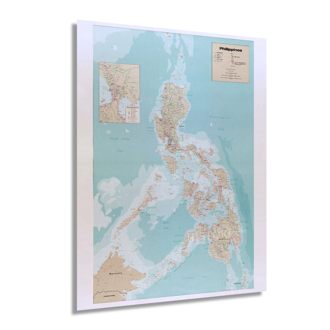 Digitally Restored and Enhanced 1990 Map of the Philippines - Philippine Islands Map - Includes Inset of Metro Manila - Philippines Poster - Geopolitical Map Produced by United States CIA