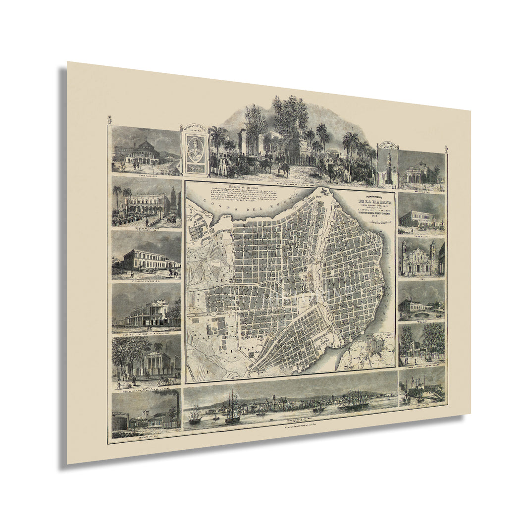 Digitally Restored and Enhanced 1849 Havana Cuba Map Print - Picturesque Map of Havana Cuba Wall Art with House Numbers - History Map of Cuba Poster