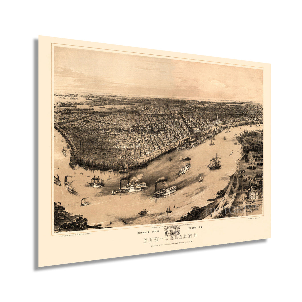 Digitally Restored and Enhanced 1851 New Orleans Louisiana Map - Vintage Map of New Orleans Wall Art - New Orleans Vintage Map Poster - Historic Birds Eye View of New Orleans Vintage Map