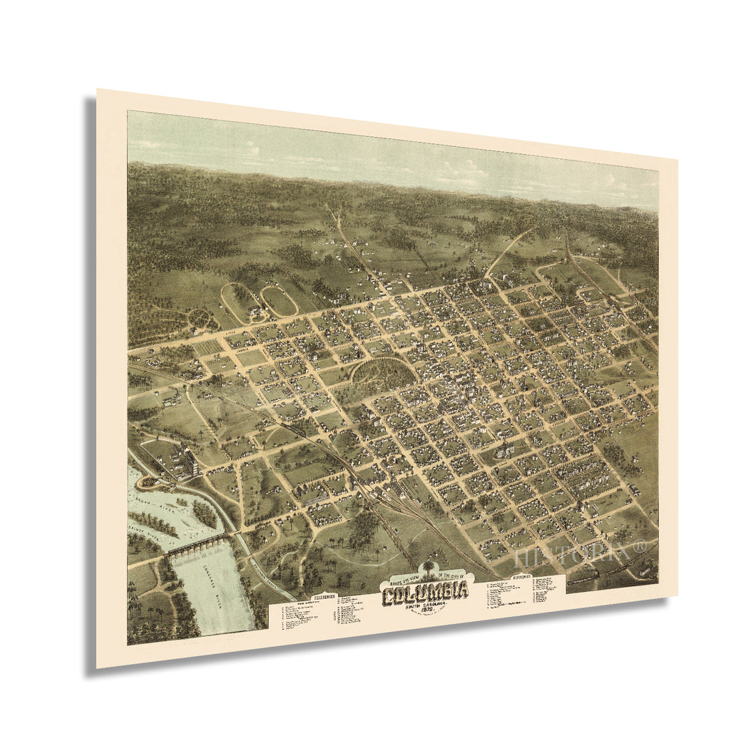 Digitally Restored and Enhanced 1872 Columbia South Carolina Map Poster - Vintage Map of Columbia SC Wall Art - Old Columbia SC Map - Historic Bird's Eye View Map of Columbia SC Poster
