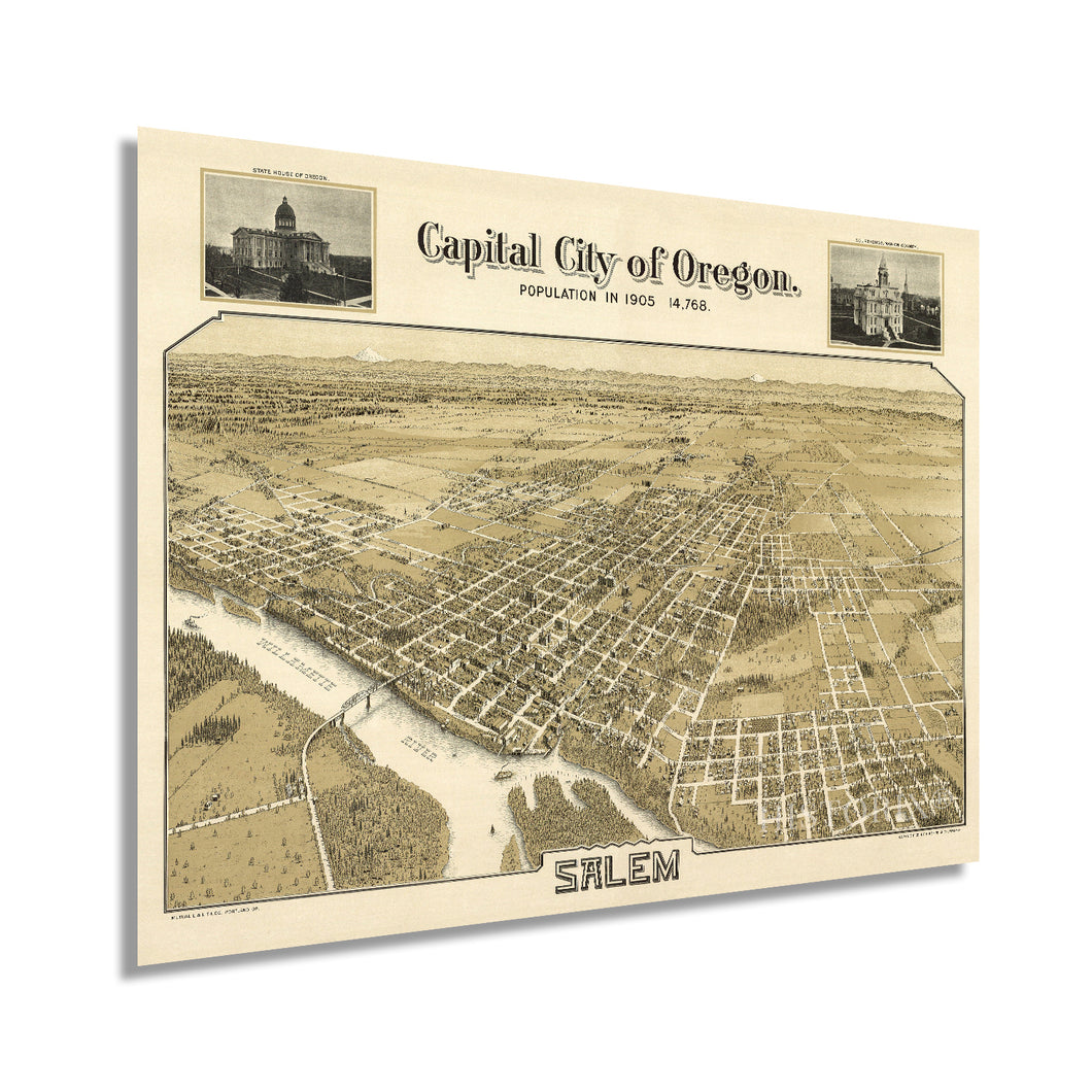 Digitally Restored and Enhanced 1905 Map of Salem Oregon - Vintage Map Salem Oregon Wall Art - Salem Oregon Map Population: 14,768 Showing State House of Oregon and Marion County Courthouse