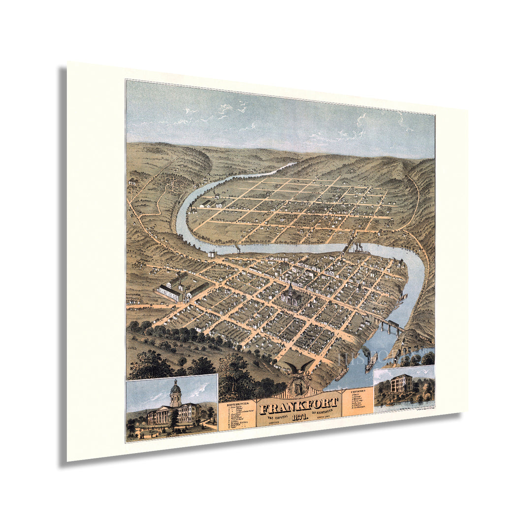 Digitally Restored and Enhanced 1871 Frankfort Kentucky Map Poster - Vintage Frankfort Kentucky Wall Art - Old Frankfort Kentucky Map - Bird's Eye View of Frankfort KY Looking South East
