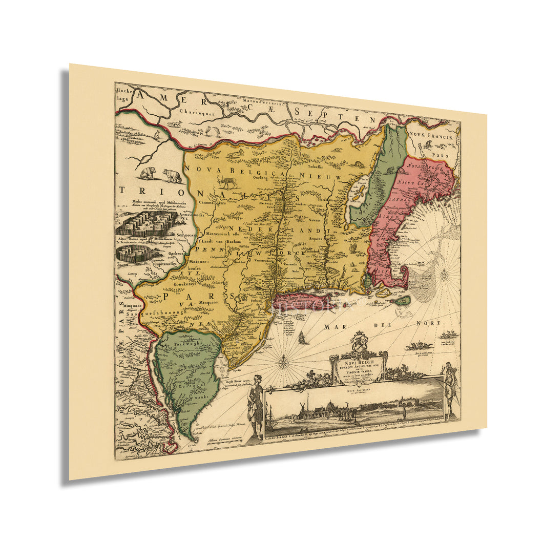 Digitally Restored and Enhanced 1690 Eastern United States Map Poster - Vintage Wall Map of New England Poster - New Netherland Map History - Old New Amsterdam New York City Map Wall Art
