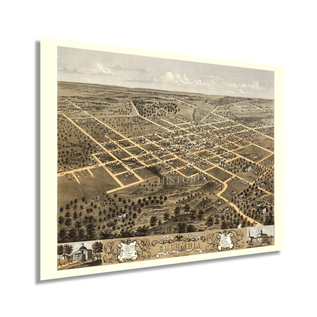 Digitally Restored and Enhanced 1869 Columbia Missouri Map Poster -  History Map of Columbia Wall Art - Old Bird's Eye View of Columbia Boone County MO Map