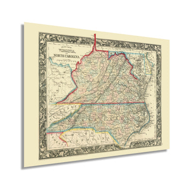 Digitally Restored and Enhanced 1860 County Map of Virginia and North Carolina - Virginia County Map Poster - Old Wall Map of North Carolina County