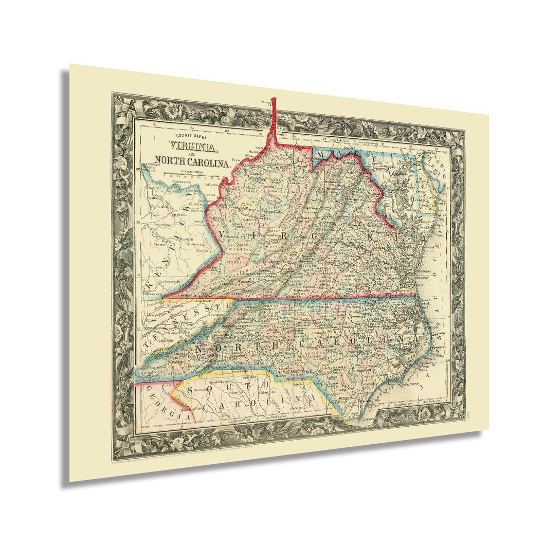 Digitally Restored and Enhanced 1860 County Map of Virginia and North Carolina - Virginia County Map Poster - Old Wall Map of North Carolina County